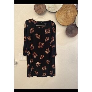 TOMMY HILFIGER Black Brown Floral Shift A-Line Dress Stretch Size 14